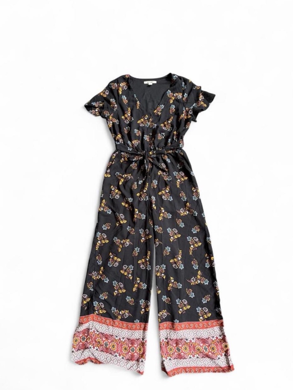 miami Black Floral Wide-Leg Jumpsuit with Tie Waist and Printed Hem